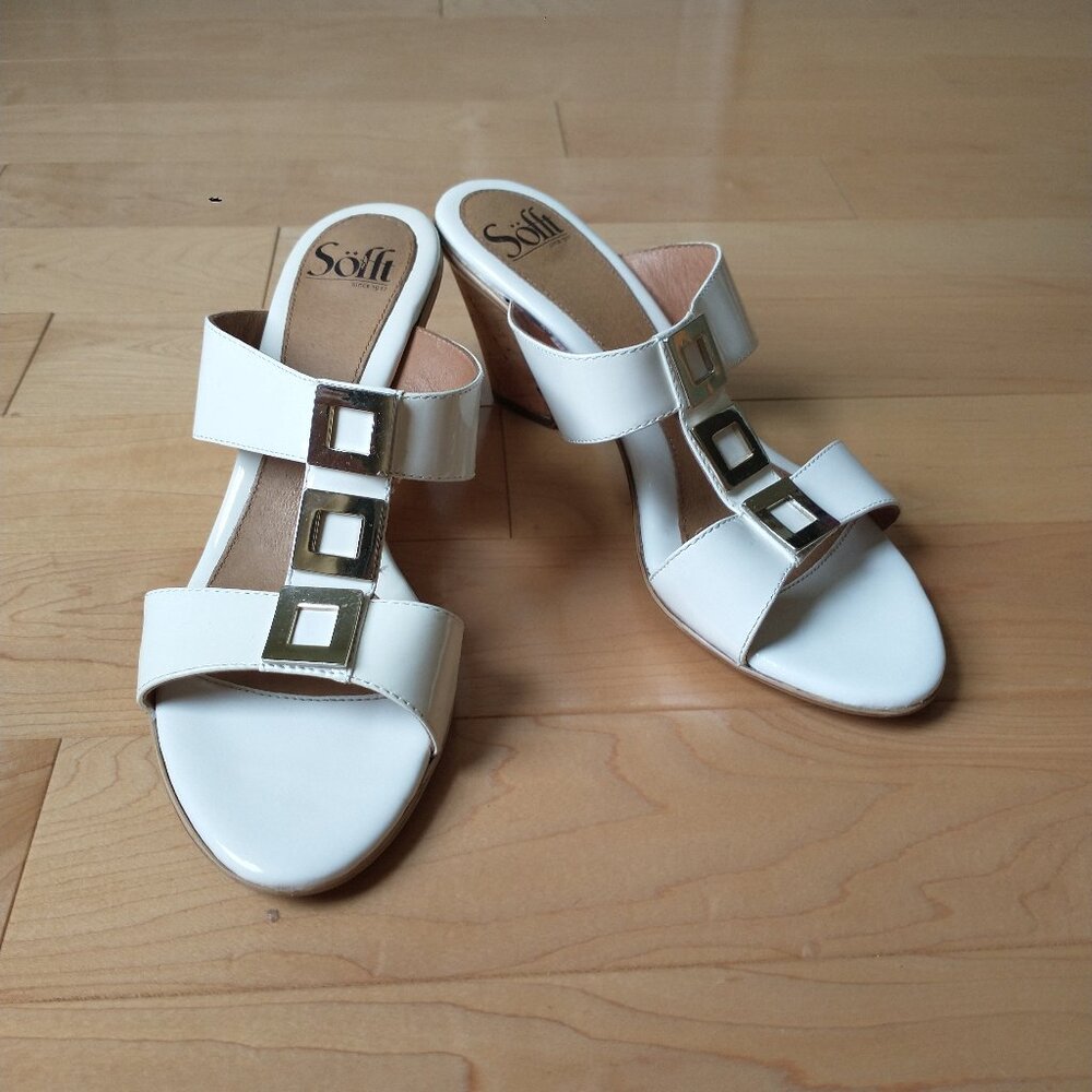 SOFFT White Patent Leather Slide on Sandals with Wedge Heels 9 M